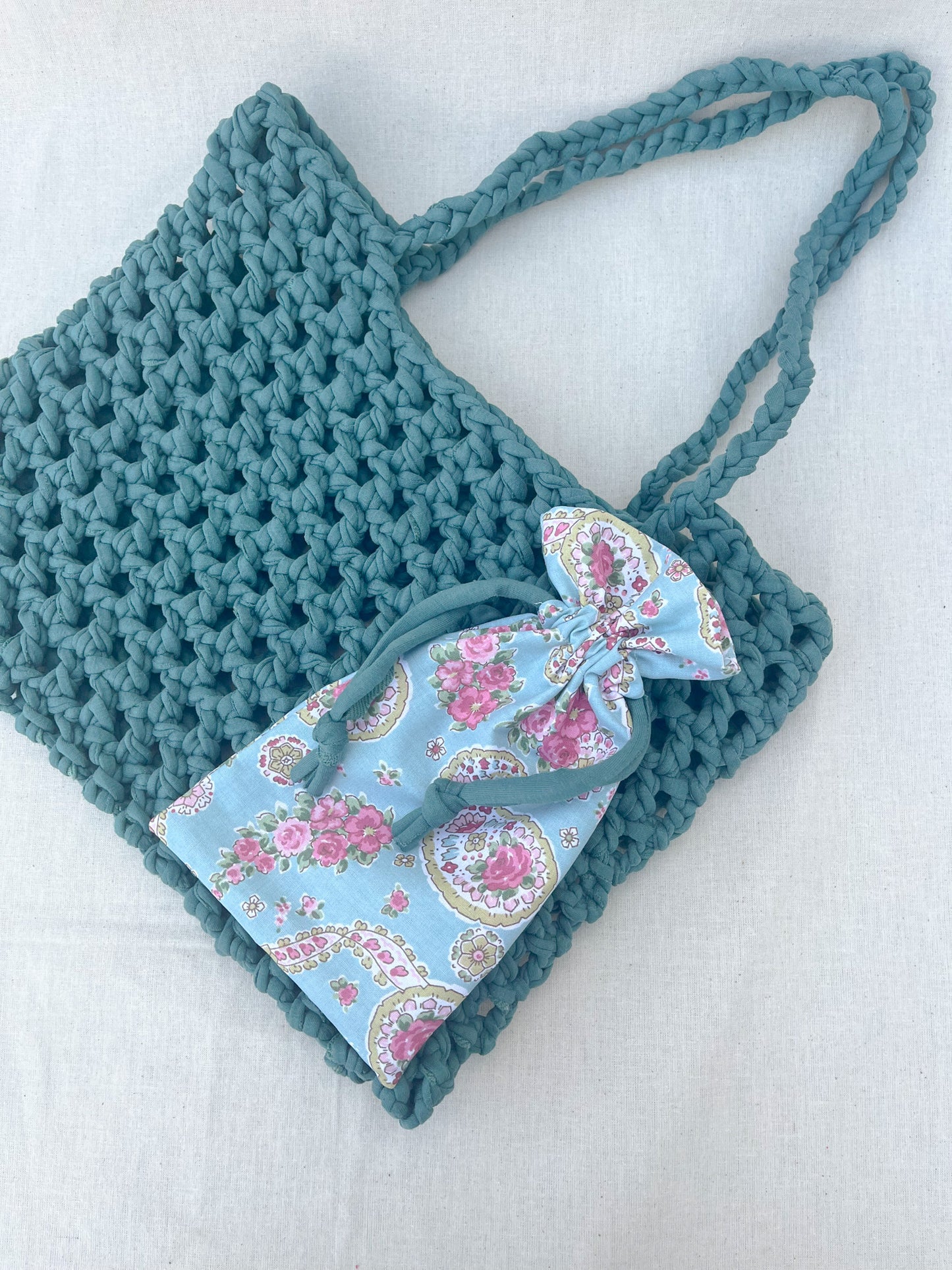 Crochet Mesh Bag & Drawstring Bags Set / Green
