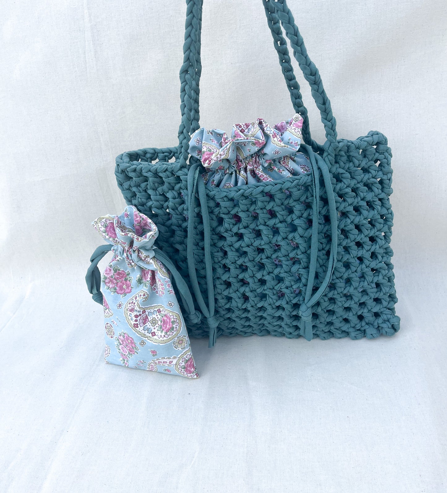Crochet Mesh Bag & Drawstring Bags Set / Green