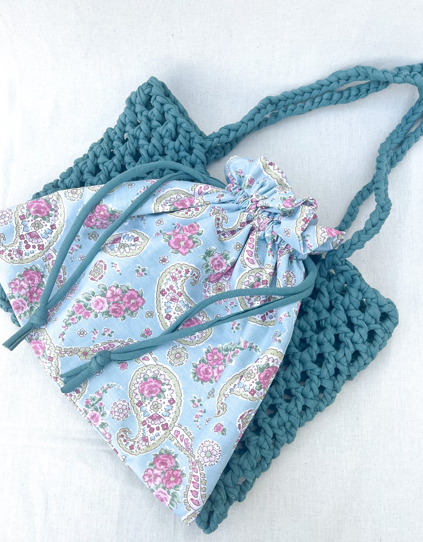 Crochet Mesh Bag & Drawstring Bags Set / Green