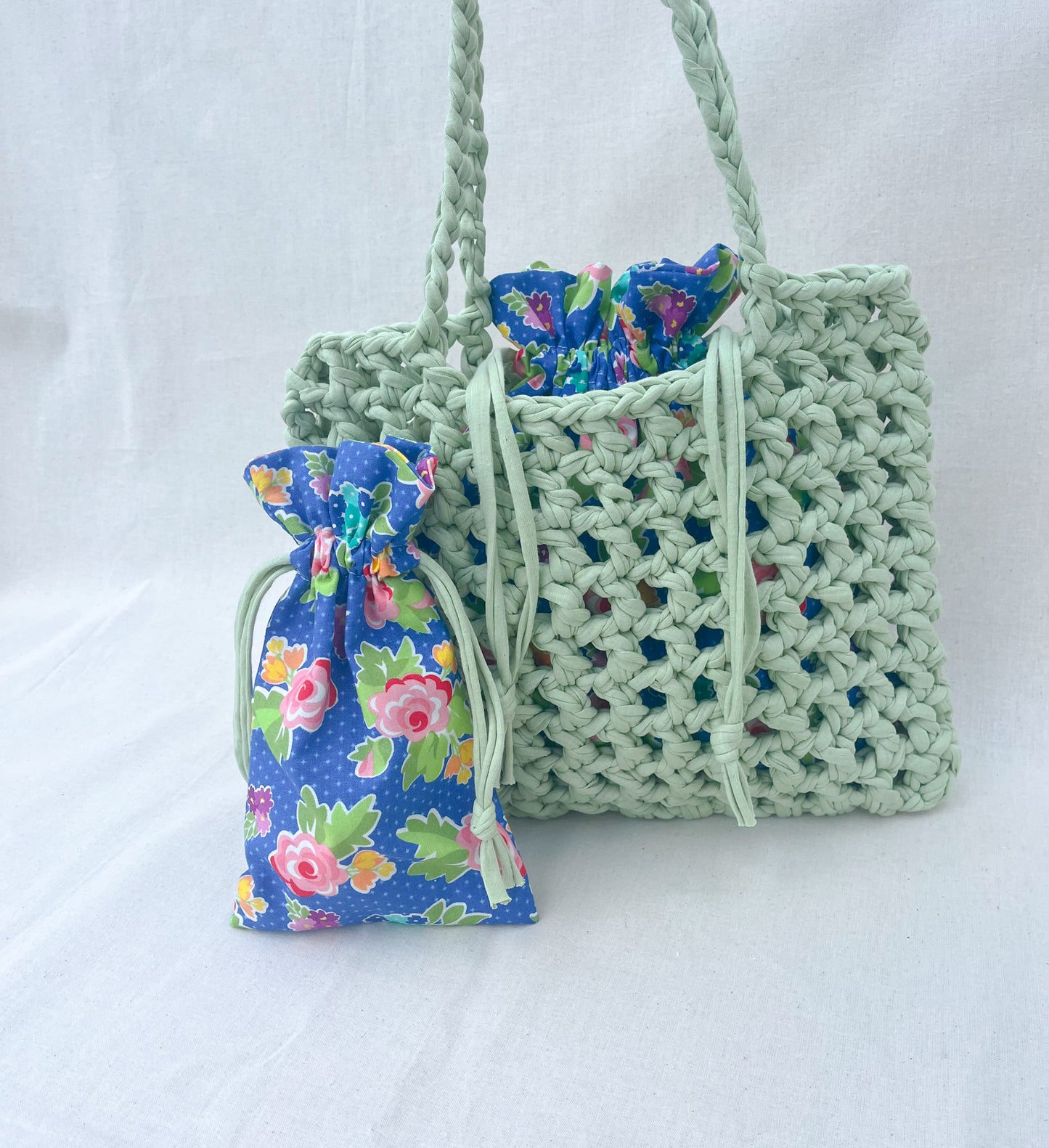 Crochet Mesh Bag & Drawstring Bags Set / Light Green