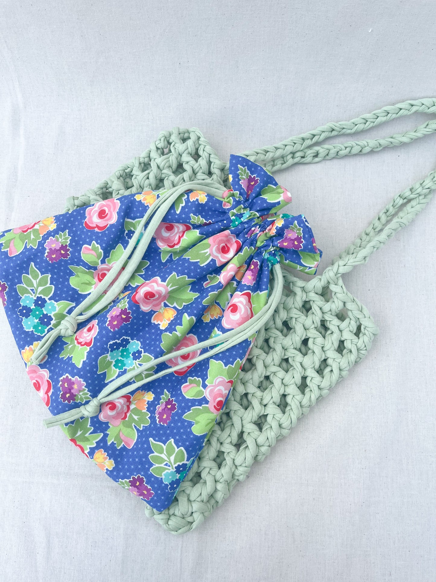Crochet Mesh Bag & Drawstring Bags Set / Light Green