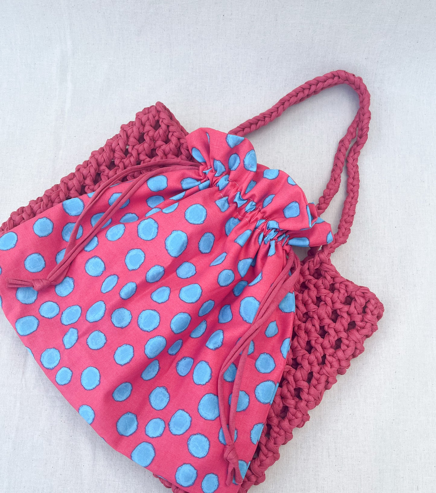 Crochet Mesh Bag & Drawstring Bags Set / Red