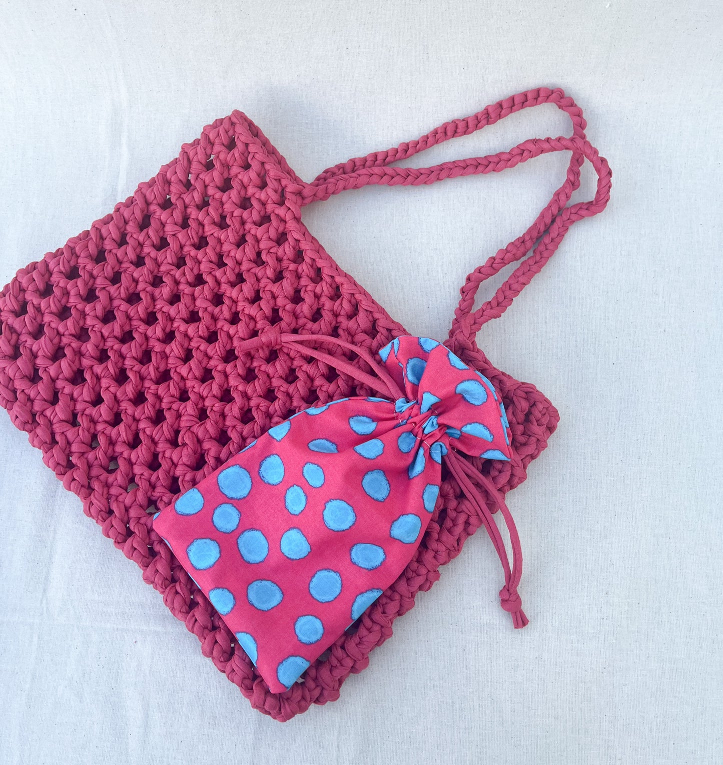 Crochet Mesh Bag & Drawstring Bags Set / Red
