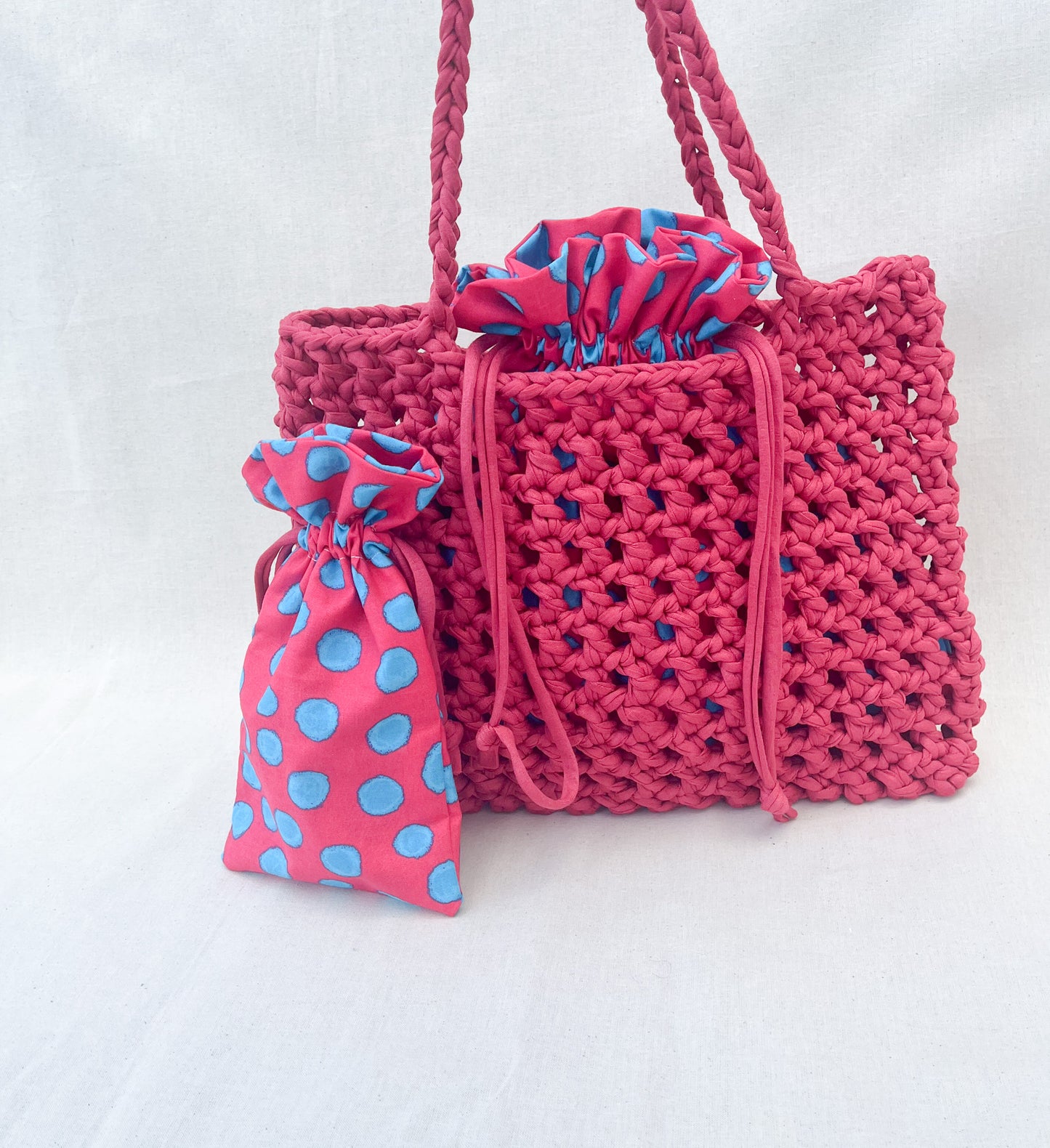 Crochet Mesh Bag & Drawstring Bags Set / Red